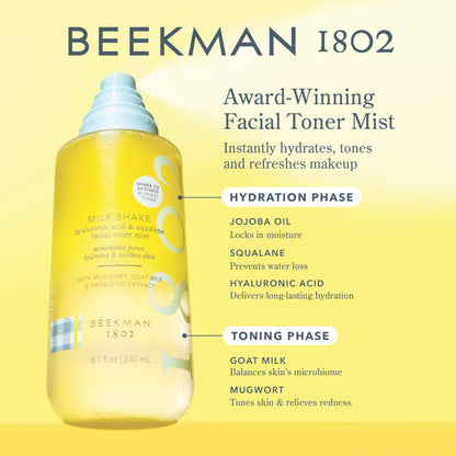 Beekman 1802 Milk Shake Hydrating Face Mist – Setting Spray & Milky Toner with Hyaluronic Acid & Squalane – Facial Toner & Face Spray – Lightweight Hydration, Minimizes Pores, Fragrance Free 8.1 Fl Oz