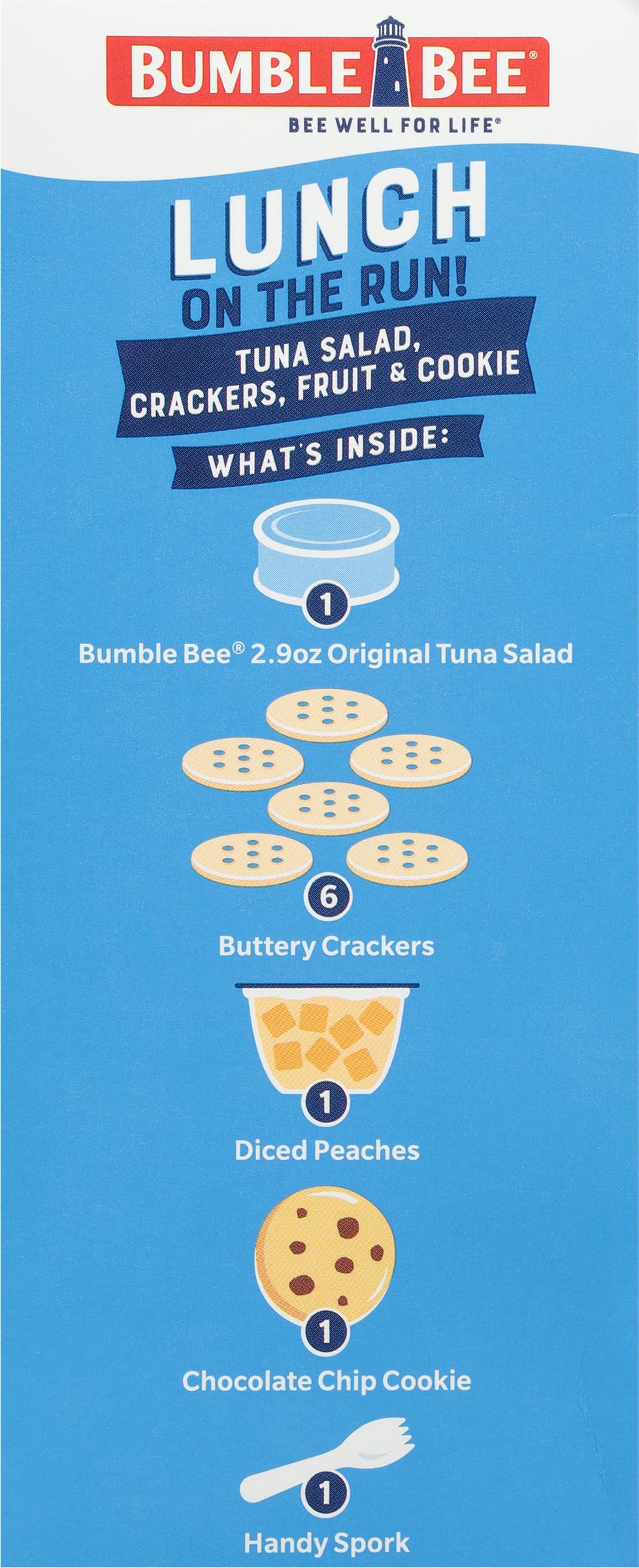 Bumble Bee Lunch On The Run Tuna Salad with Crackers Kit, 8.2 oz (Pack of 4) - Ready to Eat, Includes Crackers, Cookie & Peaches - Wild Caught Tuna - Shelf Stable & Convenient Source of Protein, Easy Open Can
