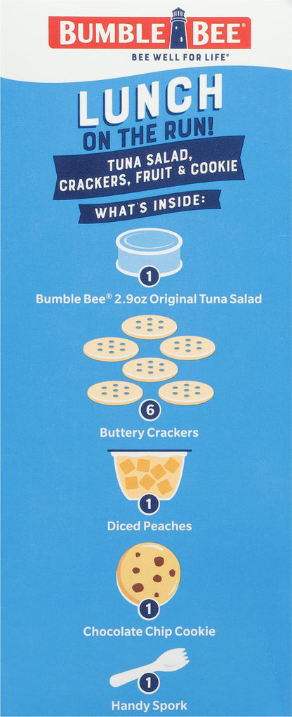 Bumble Bee Lunch On The Run Tuna Salad with Crackers Kit, 8.2 oz (Pack of 4) - Ready to Eat, Includes Crackers, Cookie & Peaches - Wild Caught Tuna - Shelf Stable & Convenient Source of Protein, Easy Open Can