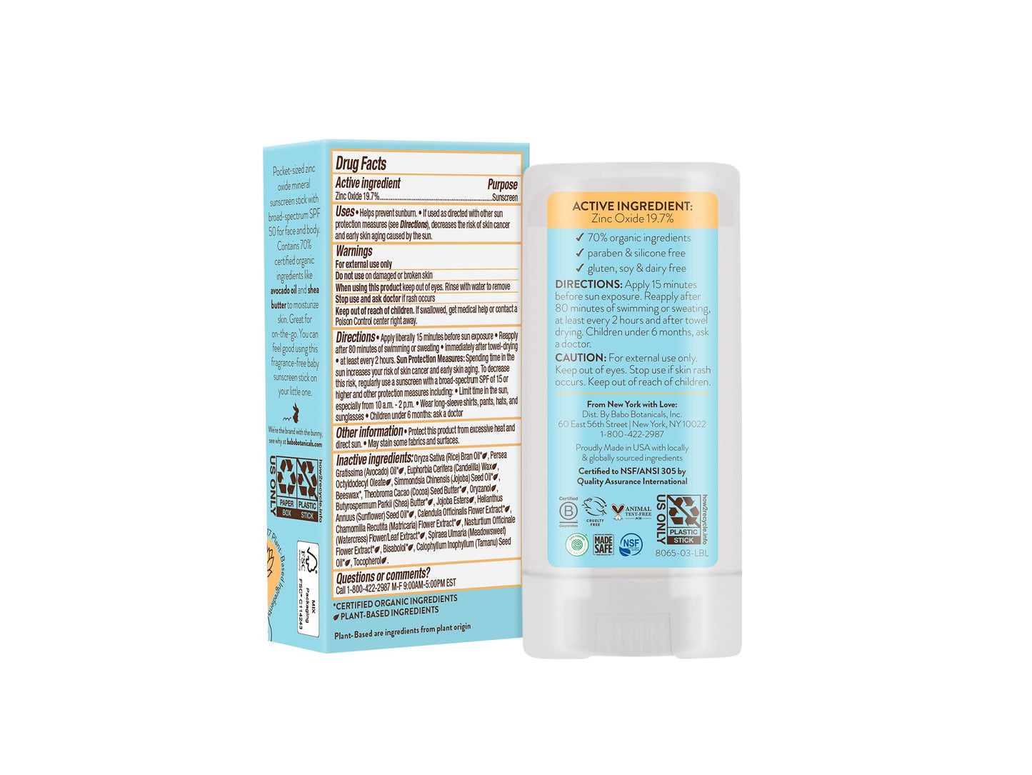 BABO Botanicals Sensitive Baby Mineral Sunscreen Stick SPF 50-70% Organic Ingredients - Zinc Oxide - NSF & Made Safe Certified - EWG Verified - Water Resistant - Fragrance-Free - for Babies & Kids