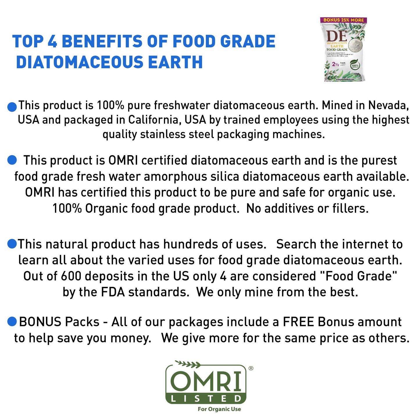 Diatomaceous Earth Food Grade – 100% Natural Organic – Safe For Humans and Pets – Fresh Water Powder – Sealed Bag