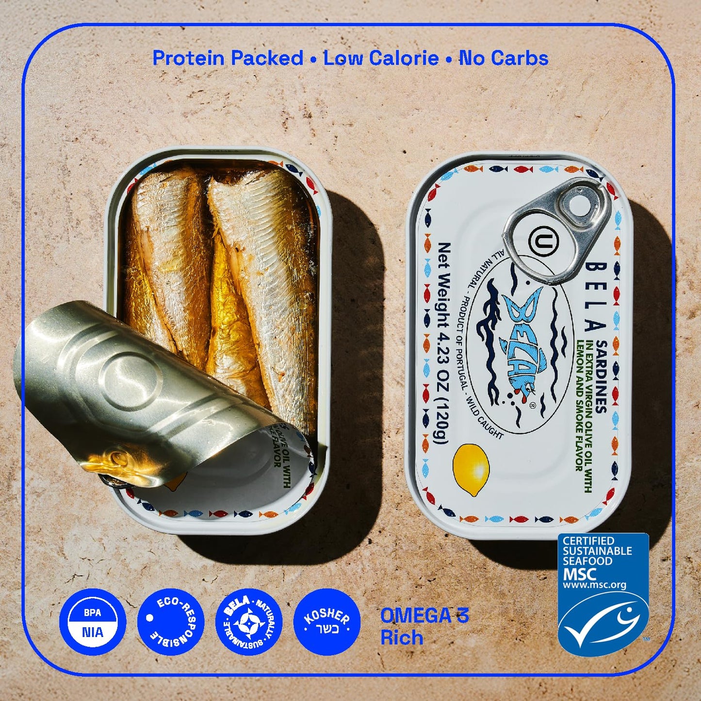 BELA Wild Caught Portuguese Sardines - Lightly Smoked and Marinated in Organic Lemon Flavored Extra Virgin Olive Oil | 4.25 Oz (Pack of 12) | All Natural, High Protein, Hand Selected, Sea Salted, & Omega 3 Rich