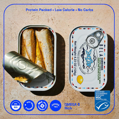 BELA Wild Caught Portuguese Sardines - Lightly Smoked and Marinated in Organic Lemon Flavored Extra Virgin Olive Oil | 4.25 Oz (Pack of 12) | All Natural, High Protein, Hand Selected, Sea Salted, & Omega 3 Rich