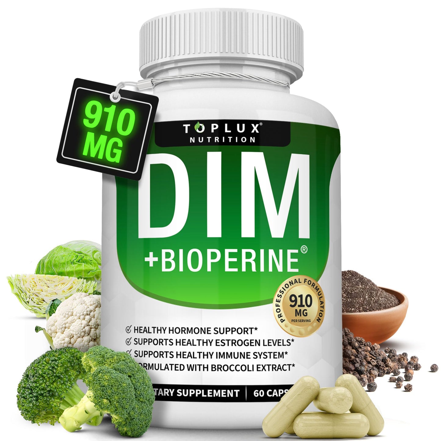 Dim Supplement 910 mg Plus BioPerine Complex - Diindolylmethane to Support Hormone Balance and Estrogen Metabolism, Helps with Menopause Acne PCOS Better Skin Bodybuilding, for Men Women, 60 Capsules