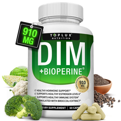 Dim Supplement 910 mg Plus BioPerine Complex - Diindolylmethane to Support Hormone Balance and Estrogen Metabolism, Helps with Menopause Acne PCOS Better Skin Bodybuilding, for Men Women, 60 Capsules