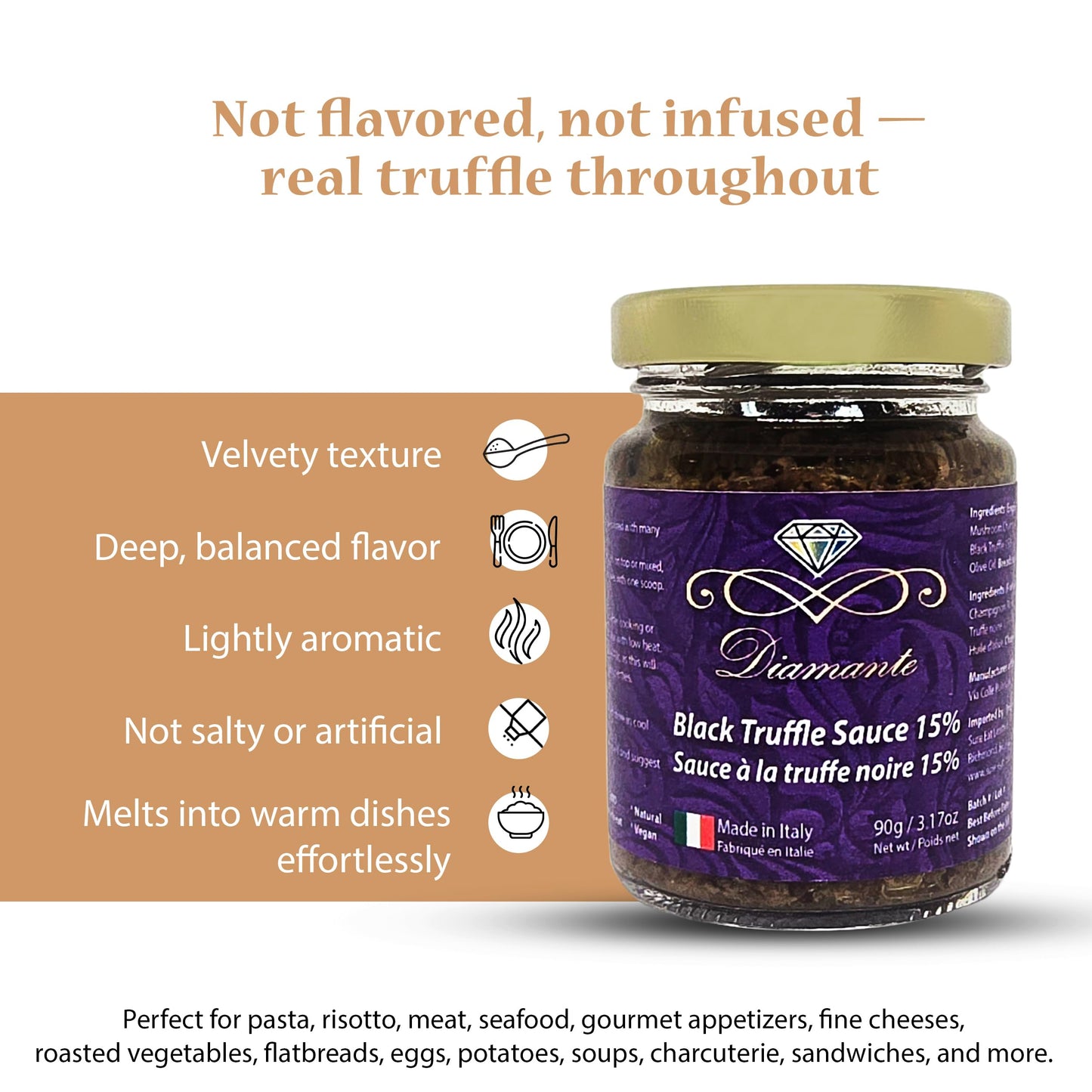 Diamante Italy Black Truffle Sauce with High 15% Black Truffle Content - Authentic Italian Gourmet Black Truffle & Mushroom Sauce - Non GMO, Vegan & Made in Italy - 90g