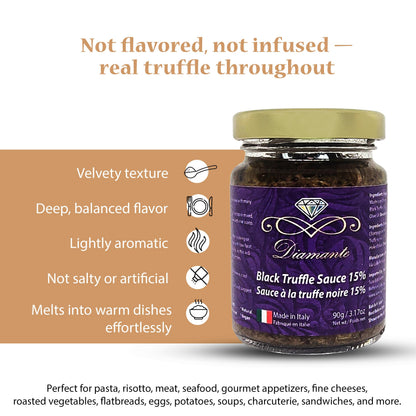 Diamante Italy Black Truffle Sauce with High 15% Black Truffle Content - Authentic Italian Gourmet Black Truffle & Mushroom Sauce - Non GMO, Vegan & Made in Italy - 90g