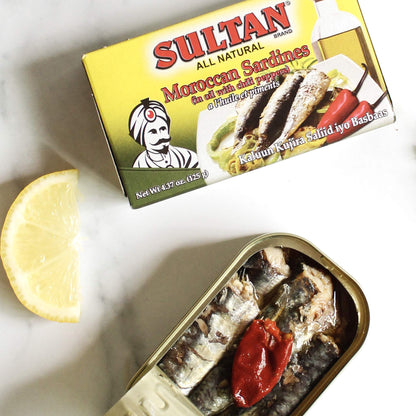 Sultan Moroccan Season Sardines in Oil with Chili Peppers, 100% All-Natural, High Protein, No Additives, No Preservatives, Paleo, Carnivore, Keto Friendly, Zero Carb, 4.37oz