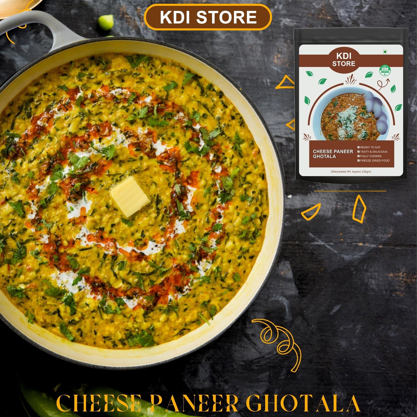 KDI Store Cheese Paneer Ghotala, Ready to Eat Indian Curry, USDA Organic, Freeze Dried Food, Fully Cooked, 60g