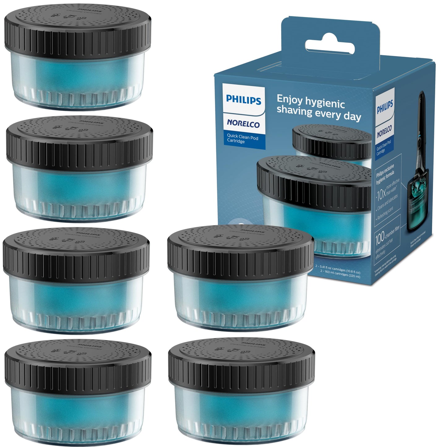 Norelco Philips Quick Clean Pod Cartridge, Lubricates Shaver and Eliminates Cut Hair, 6x 5.4 fl oz Cartridges (Up to 1.5yr Supply), BD9011AZ