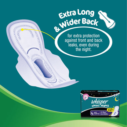 Whisper Maxi Nights Sanitary Pads for Women, XL, Pack of 15 Napkins