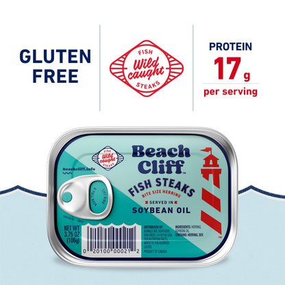 Beach Cliff Wild Caught Fish Steaks in Soybean Oil, 3.75 oz Can (Pack of 12) - 16g Protein per Serving - Great for Pasta & Seafood Recipes
