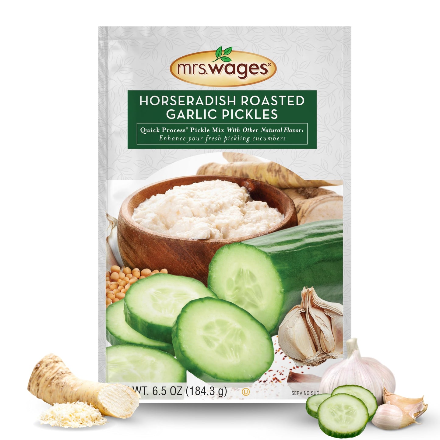 Mrs. Wages Horseradish Roasted Garlic Quick Process Pickle Mix, Quick and Easy, Simple-To-Use, Unique Spicy Garlic Flavor, 6.5 oz Packet (Value Packof 6)