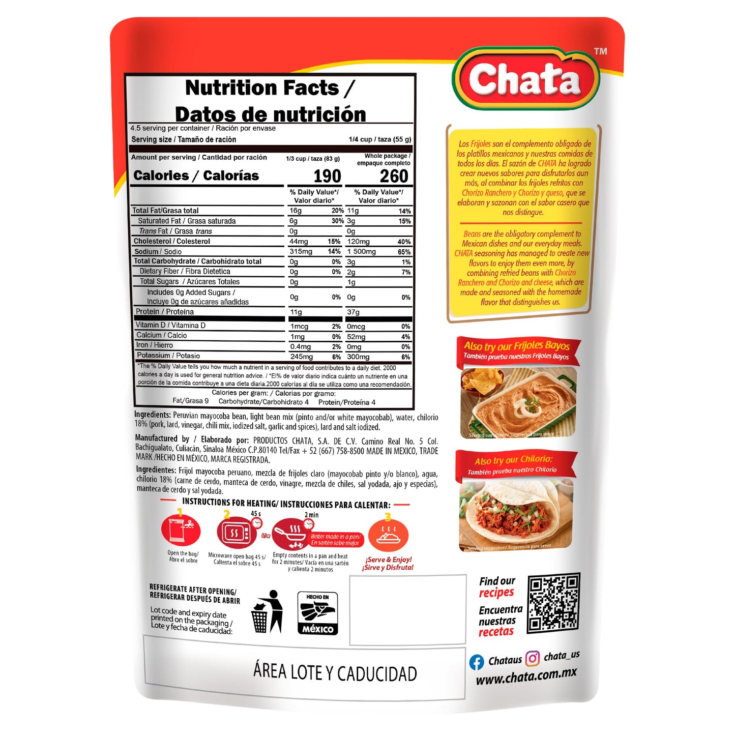 Chata Mexican Refried Beans with Pork Chilorio, 15.2 oz (Pack of 3)