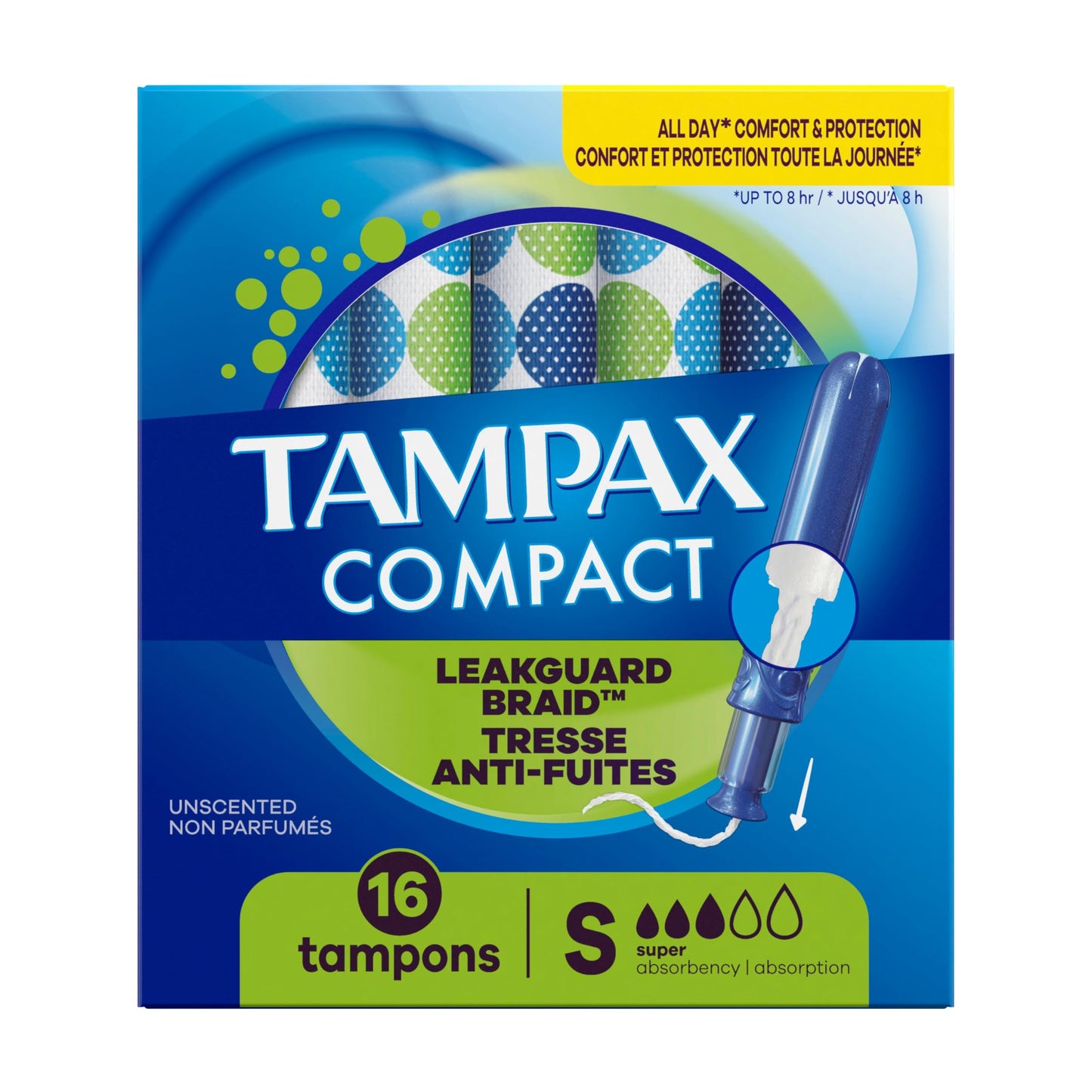 Tampax Compact Pearl Tampons, with LeakGuard Braid & Extendable Applicator, Super Absorbency, Compact Extendable Applicator, Unscented, 16 Count (Packaging May Vary)