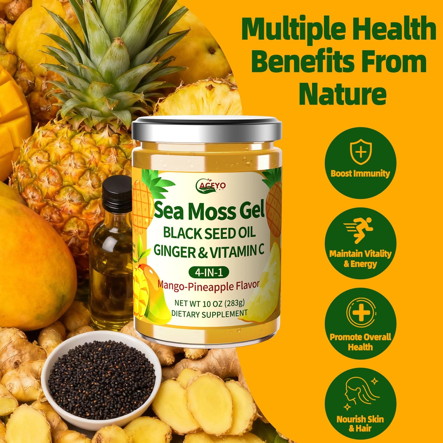 ACEYO Sea Moss Gel 4-in-1, Irish SeaMoss with Black Seed Oil & Ginger,Rich in Minerals & Vitamins,Immunity & Health Support,Superfood,Non-GMO, Vegan,Mango Pineapple Flavor,10 oz (Pack of 1)
