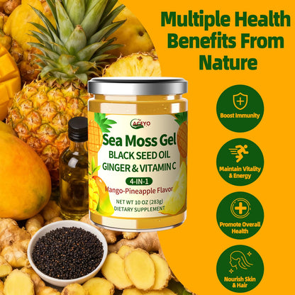 ACEYO Sea Moss Gel 4-in-1, Irish SeaMoss with Black Seed Oil & Ginger,Rich in Minerals & Vitamins,Immunity & Health Support,Superfood,Non-GMO, Vegan,Mango Pineapple Flavor,10 oz (Pack of 1)