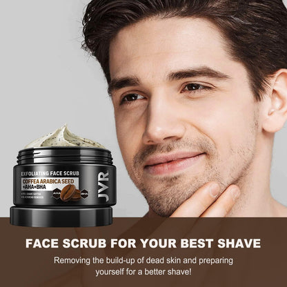JVR Face Scrub for Men, Facial Scrub for Deep Exfoliating, Cleansing Blackheads, Ingrown Hair, Pre-shave Soften, Organic Formulated with Coffee Extract, AHA and BHA Face Exfoliator (4.23 oz)