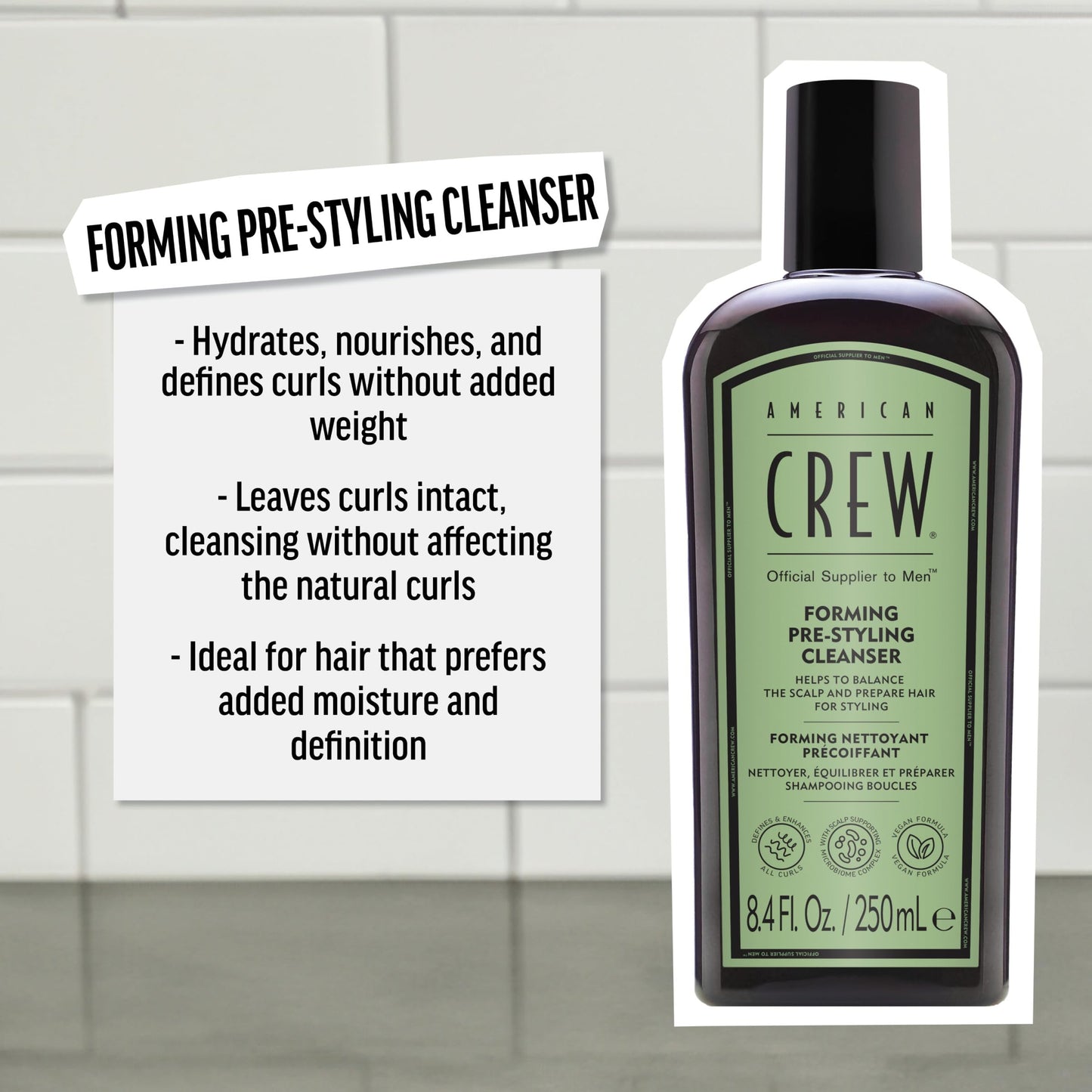 AMERICAN CREW Men's Pre-Styler Forming Shampoo for Textured & Curly Hair, Anti-Frizz & Curl Defining, With Jojoba Oil, Vegan, 8.5 fl oz