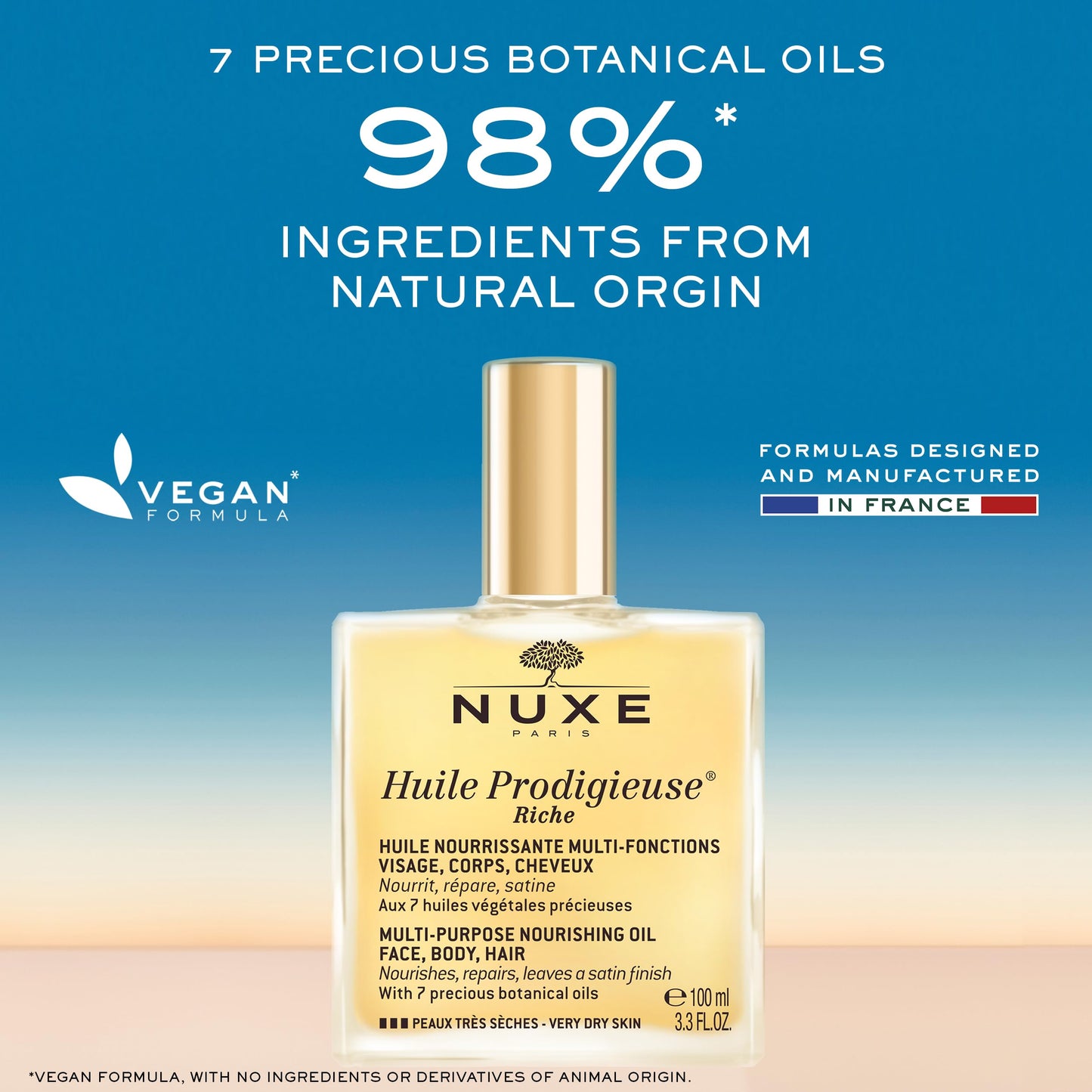 Nuxe Huile Prodigieuse Riche Nourishing Oil - Intense Hydration & Luxurious Radiant Glow for Face, Body & Hair, 3.3 Fl.Oz