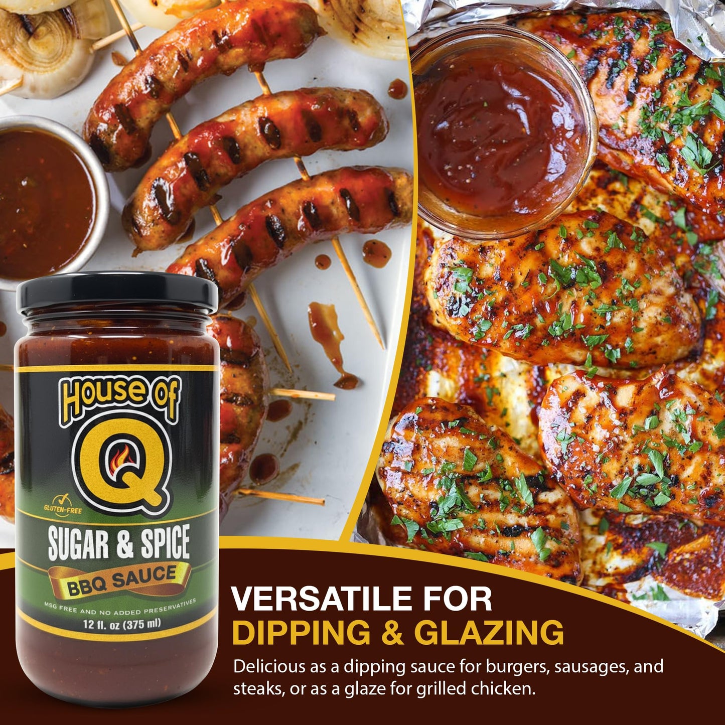 House of Q Sugar and Spice BBQ Sauce – Sweet & Spicy Barbecue Sauce with Brown Sugar, Cayenne & Pepper – Bold Gourmet Glaze for Chicken, Steaks & Burgers – Gluten Free, MSG Free, Preservative Free – 12 oz Jar
