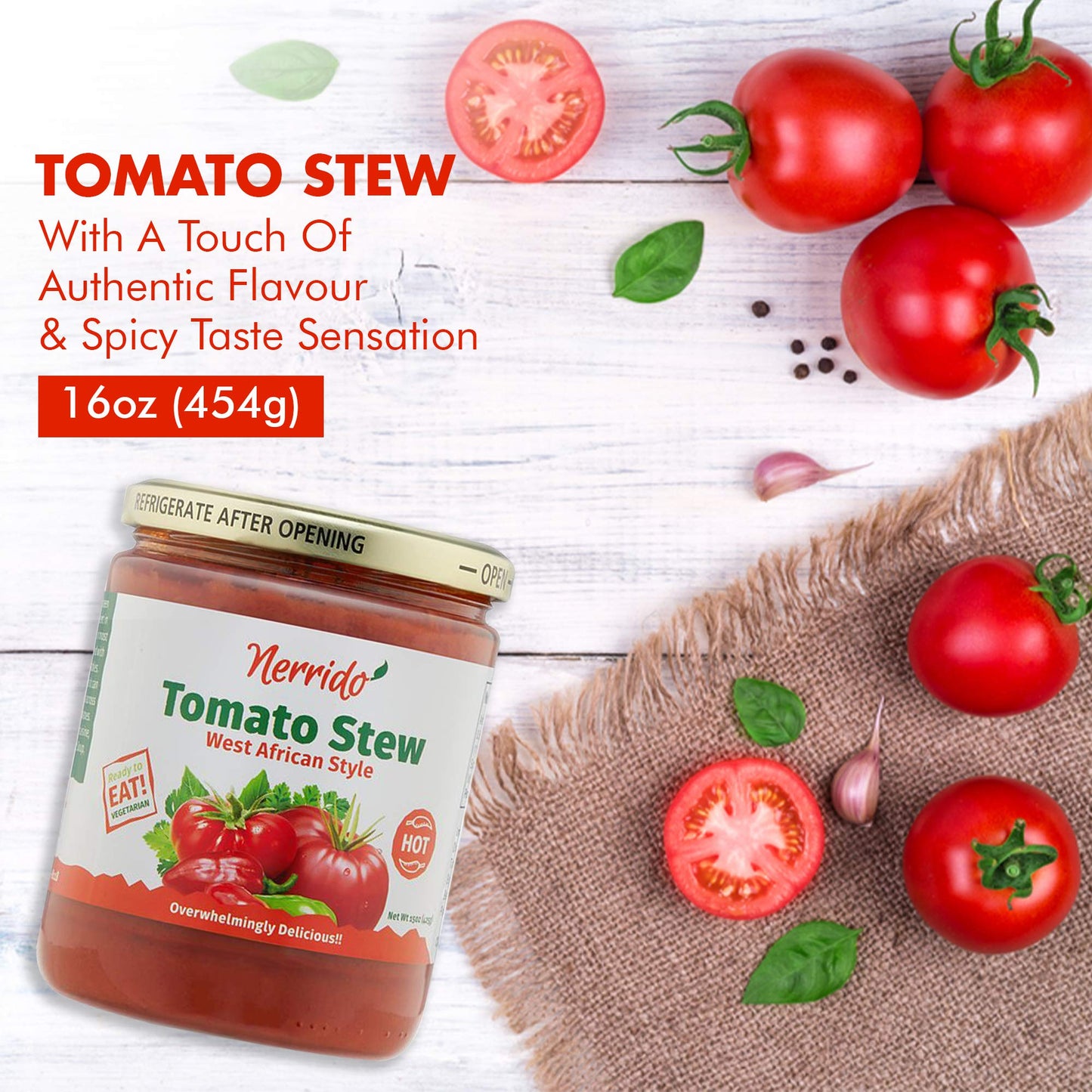 Nerrido Canned Tomato Stew & Jollof Rice Red Sauce, African Style Hot Pasta Sauce with Vegetables and Spices 16oz (454g) (Hot, 1 Pack)