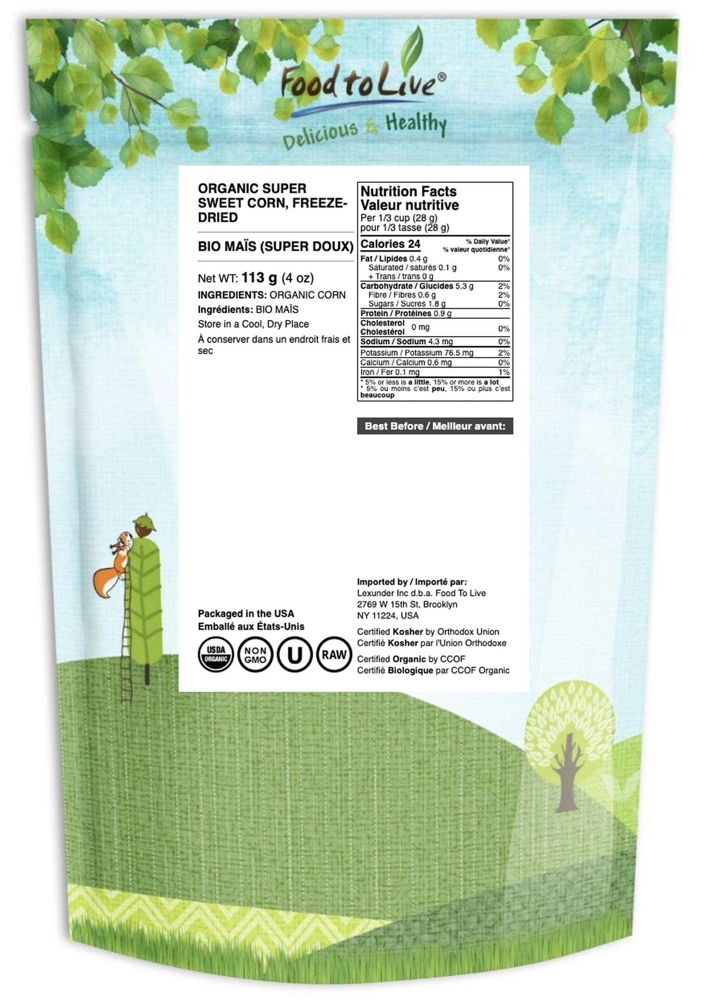 Food to Live Organic Super Sweet Corn, Freeze-Dried, 4 Ounces - Whole Kernels, Non-GMO, Kosher, Healthy Snack, Bulk, Grown in the USA