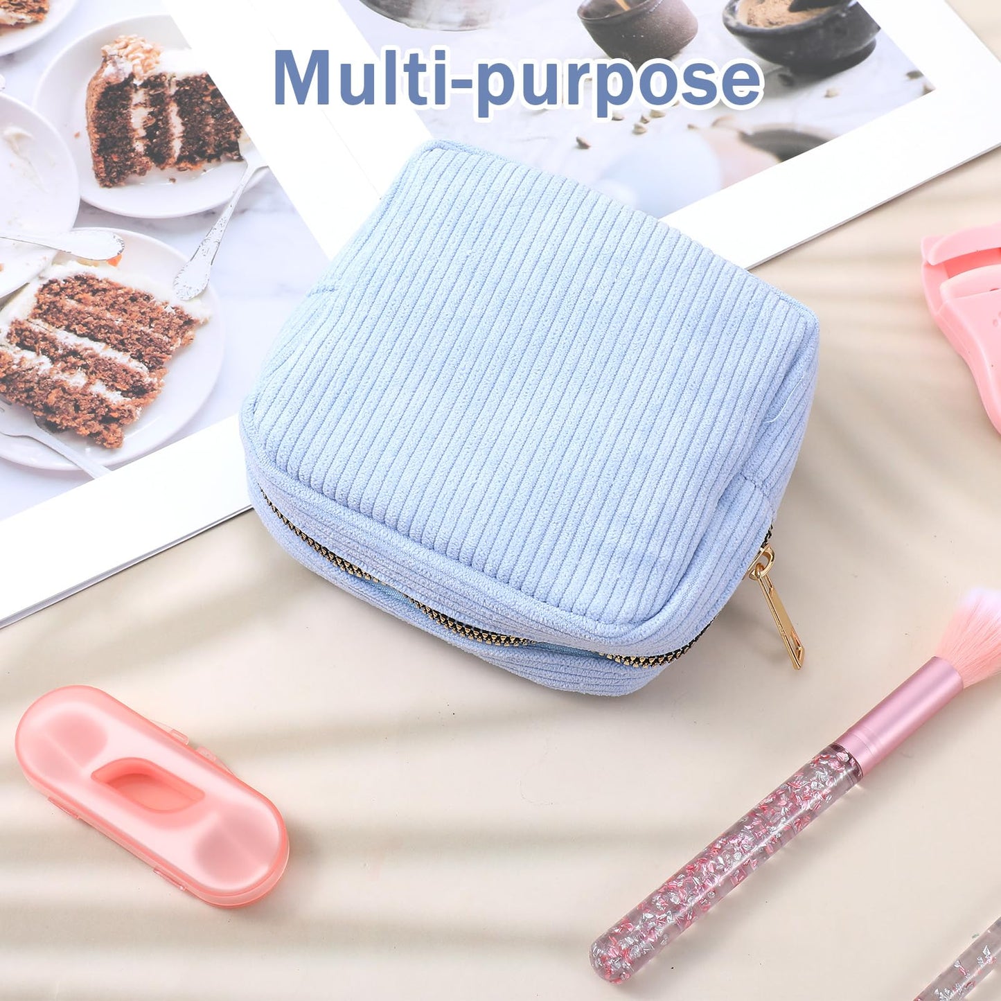 Period Bag for School,Blue Pouch for Pads,Mini Corduroy Feminine Product Bag,Portable Tampon Pouch with Zipper,for Purse, First Period for Women Ladies(Blue)