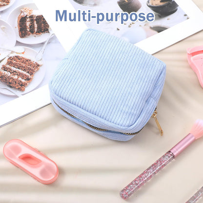 Period Bag for School,Blue Pouch for Pads,Mini Corduroy Feminine Product Bag,Portable Tampon Pouch with Zipper,for Purse, First Period for Women Ladies(Blue)
