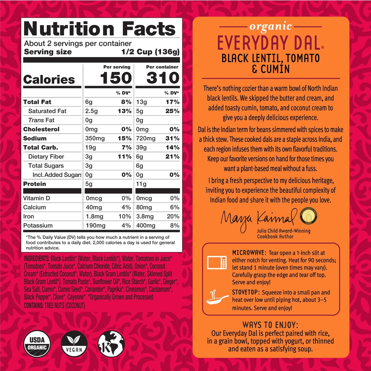 Maya Kaimal Foods - Organic Indian Everyday Dal - Black Lentil 10oz - Fully Cooked with Tomato and Cumin - Vegan - Microwavable - Ready to Eat Meals - Pack of 1