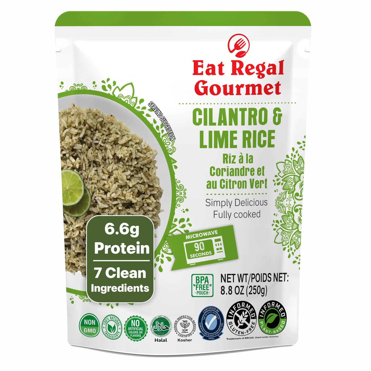 Eat Regal Cilantro & Lime Rice Ready to Eat in 1.5 Minutes Microwave Pouch, 7 Clean Non-GMO Ingredients, 6.6g Protein, No Clump & No Kneading, 8.8 oz – Shelf Stable Side Dish, 8.8oz Pack of 6
