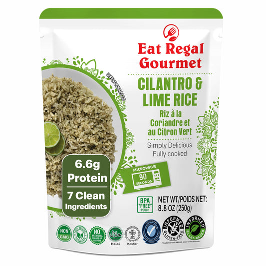 Eat Regal Cilantro & Lime Rice Ready to Eat in 1.5 Minutes Microwave Pouch, 7 Clean Non-GMO Ingredients, 6.6g Protein, No Clump & No Kneading, 8.8 oz – Shelf Stable Side Dish, 8.8oz Pack of 6