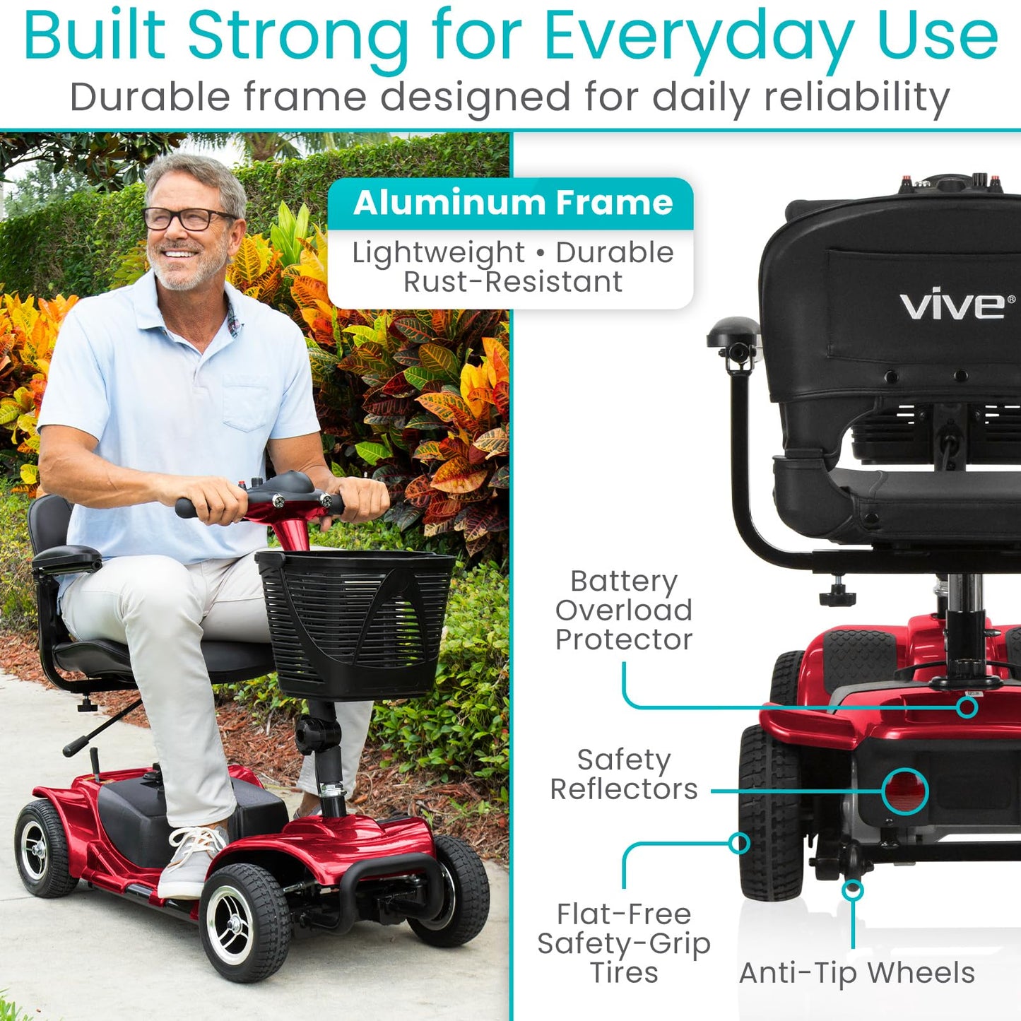 Vive 4 Wheel Mobility Scooter - Electric Powered Wheelchair Device - Compact Heavy Duty Mobile for Travel, Adults, Elderly - Long Range Power Extended Battery with Charger & Basket
