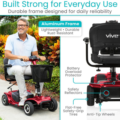 Vive 4 Wheel Mobility Scooter - Electric Powered Wheelchair Device - Compact Heavy Duty Mobile for Travel, Adults, Elderly - Long Range Power Extended Battery with Charger & Basket