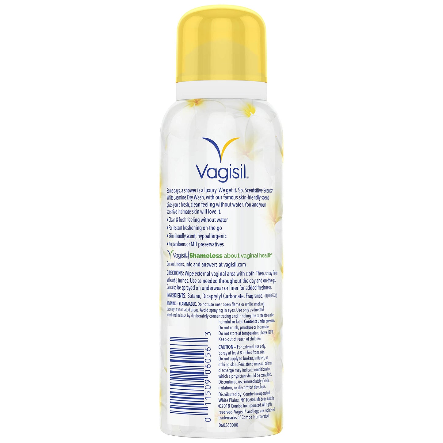 Vagisil Scentsitive Scents Feminine Dry Wash Deodorant Spray for Women, Gynecologist Tested, Paraben Free, White Jasmine, 2.6 Ounce (Pack of 1)