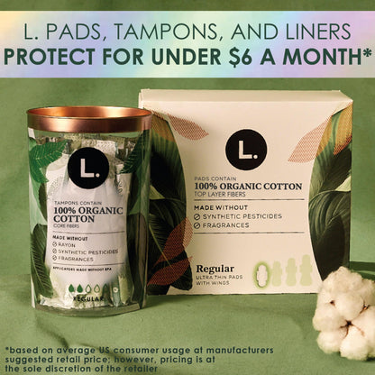 L. Tampons, Made with Organic Cotton, Regular/Super Absorbency, Multipack, Made Without Synthetic Pesticides, Rayon or Fragrances, Applicator Made Without BPA, Leak-Stopping Design, 18 Count