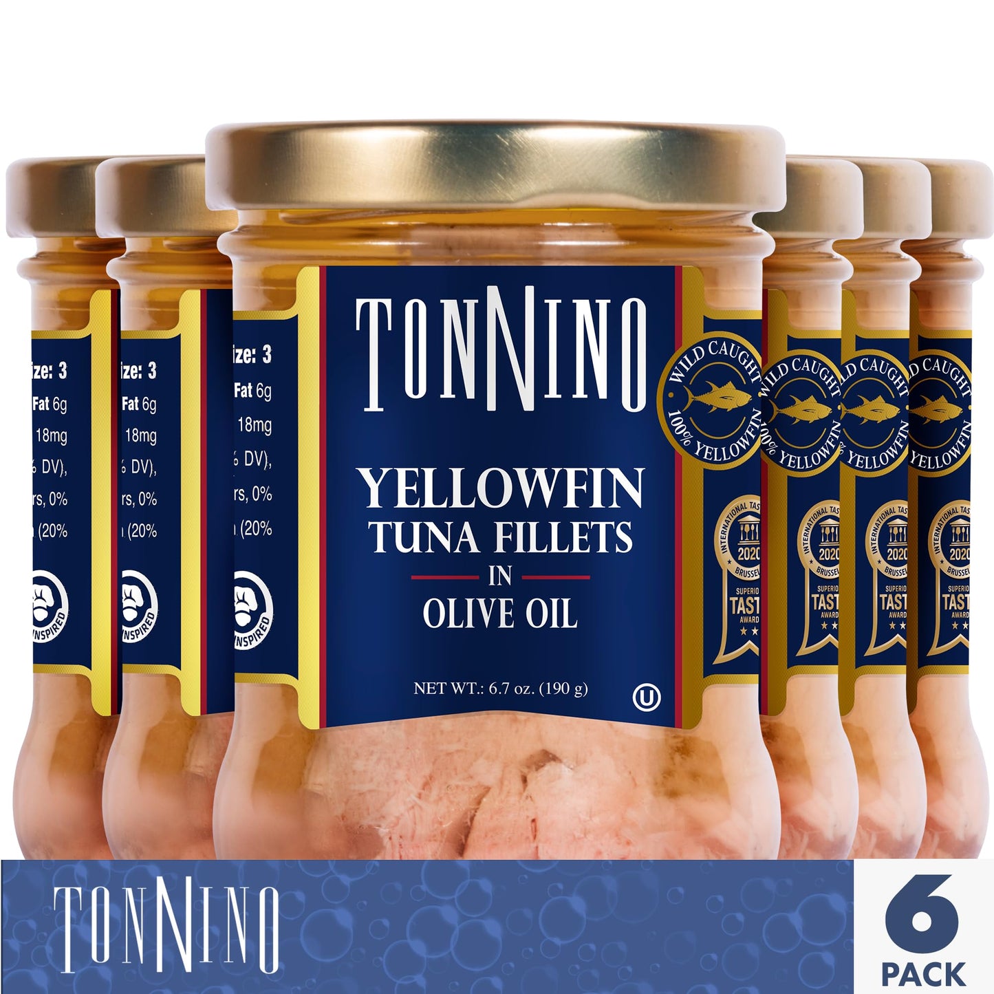 Tonnino Yellowfin Tuna Fish Premium - Olive Oil – Pack of 6 – Alternative to Salmon – Protein Snacks – Ready to Eat Meals in Glass Jar