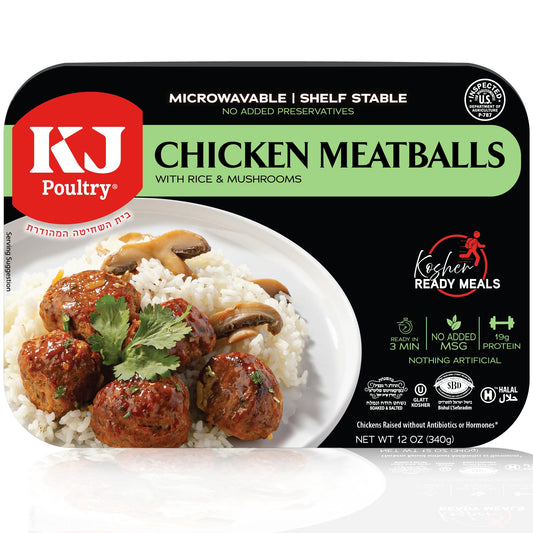 KJ Poultry Kosher Ready Meals - Chicken Meat Balls & Mushrooms, MRE Meat Meals Ready to Eat, Halal, (1 Pack) Prepared Entree Fully Cooked, Shelf Stable Microwave Dinner, Travel, Military, Camping