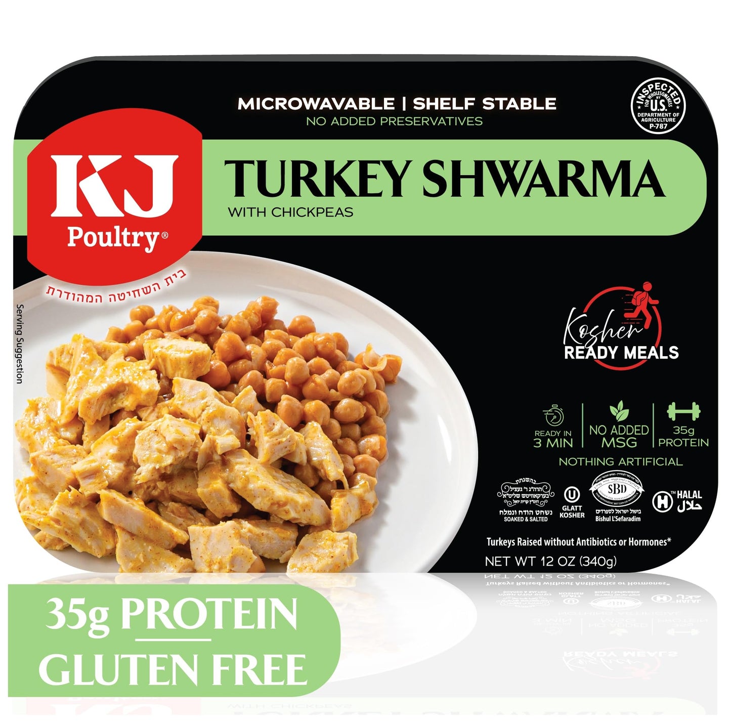 KJ Poultry Kosher Ready Meals - Turkey Shwarma, MRE Meat Meals Ready to Eat, Gluten Free, Halal, (1 Pack) Prepared Entree Fully Cooked, Shelf Stable Microwave Dinner, Travel, Military, Camping