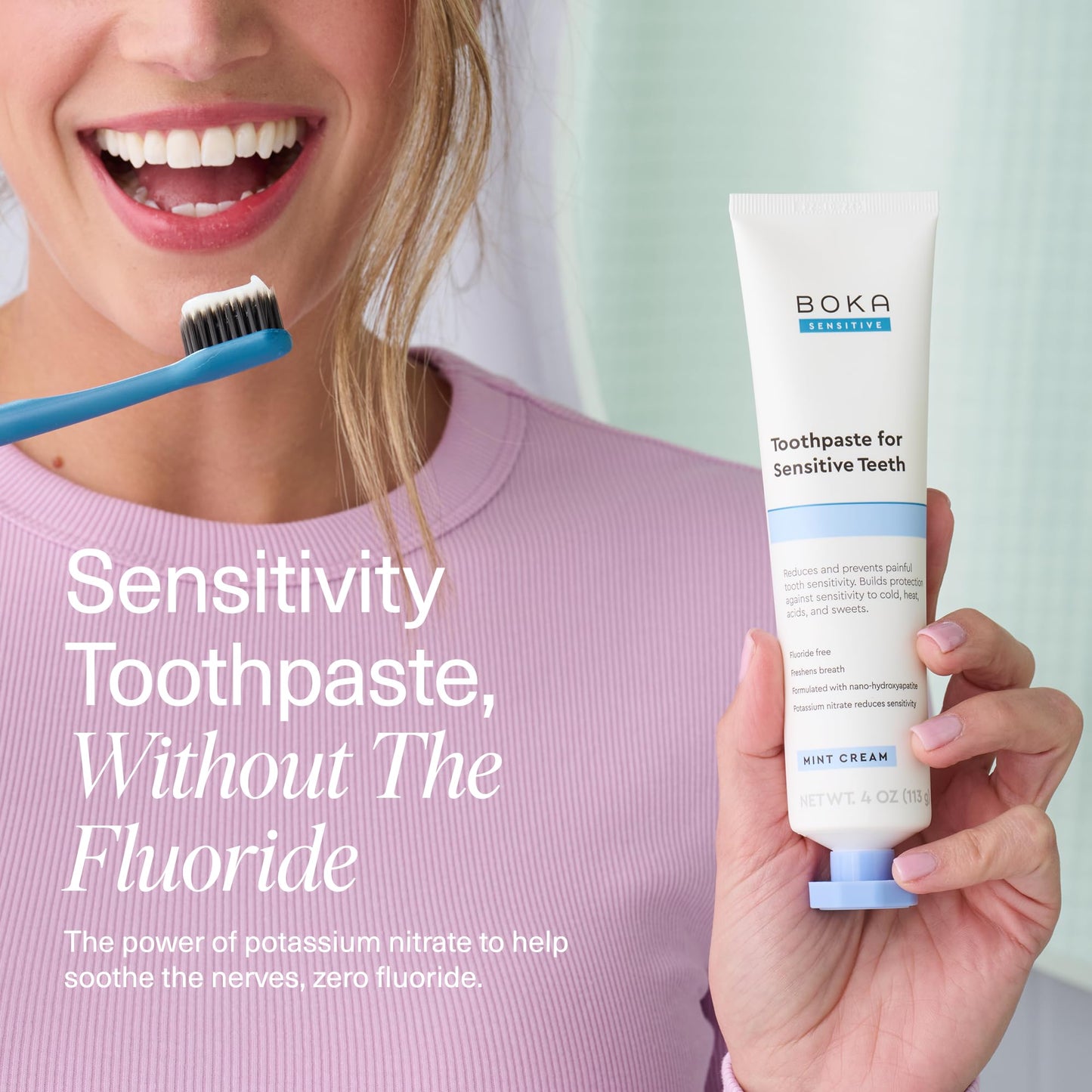 Boka Sensitive Toothpaste - Sensitive Teeth Relief, Fluoride Free, Nano Hydroxyapatite, Potassium Nitrate for Tooth Sensitivity and Protection for Adults - Mint Coconut Cream, 4 Fl Oz, 1 Pk