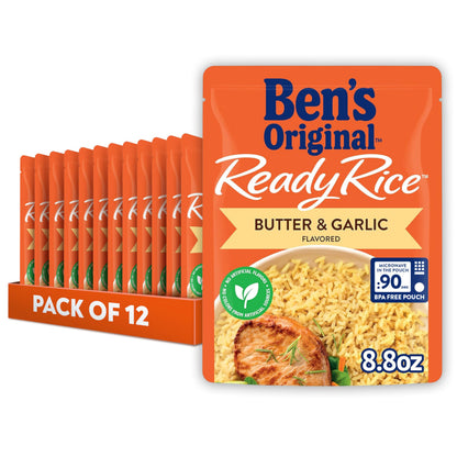 BEN'S ORIGINAL Ready Rice Butter and Garlic Flavored Rice, Easy Dinner Side, 8.8 oz Pouch (Pack of 12)