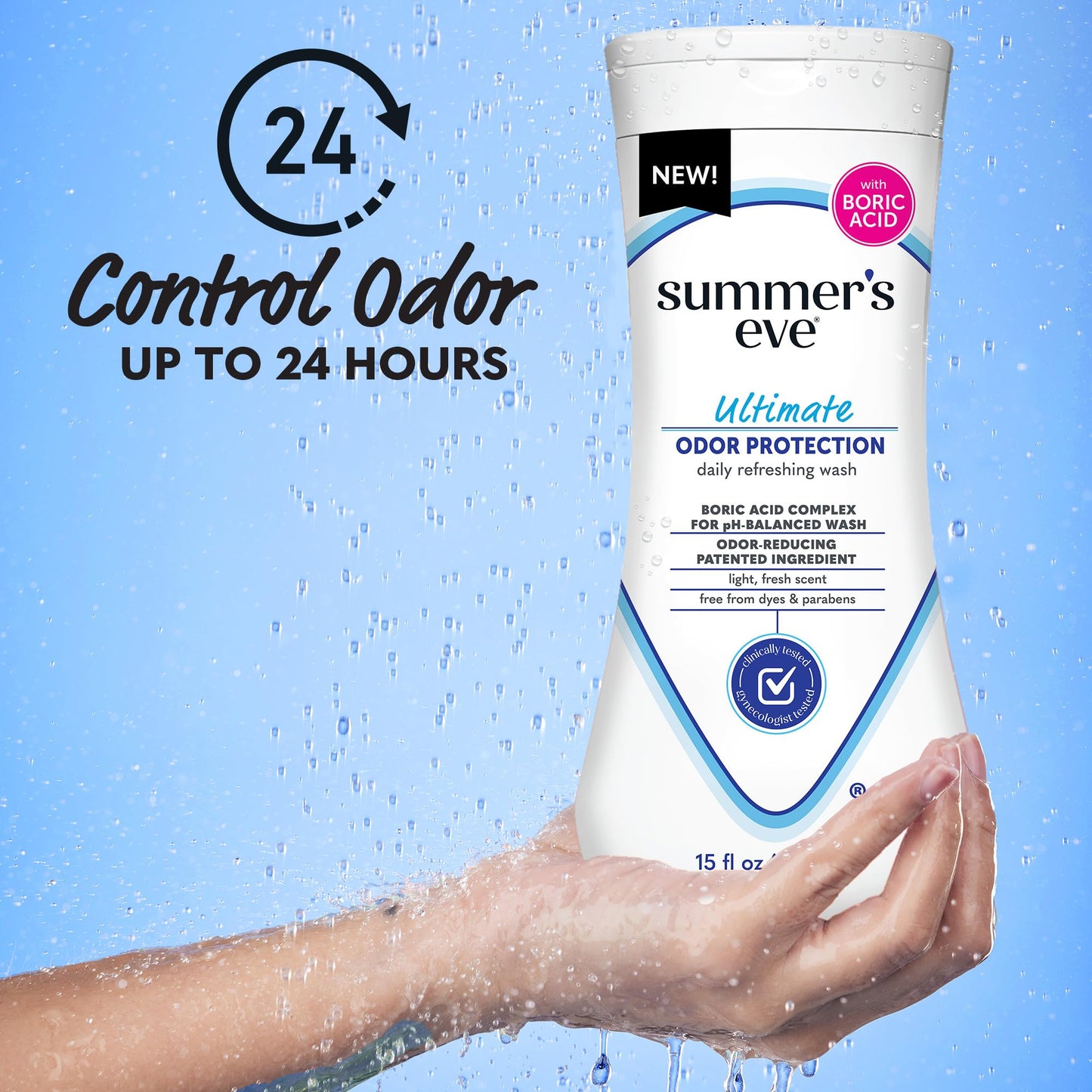 Summer's Eve Baby Powder Spray 3 Pack and Ultimate Odor Control Body Wash with Boric Acid, 15 Fl Oz