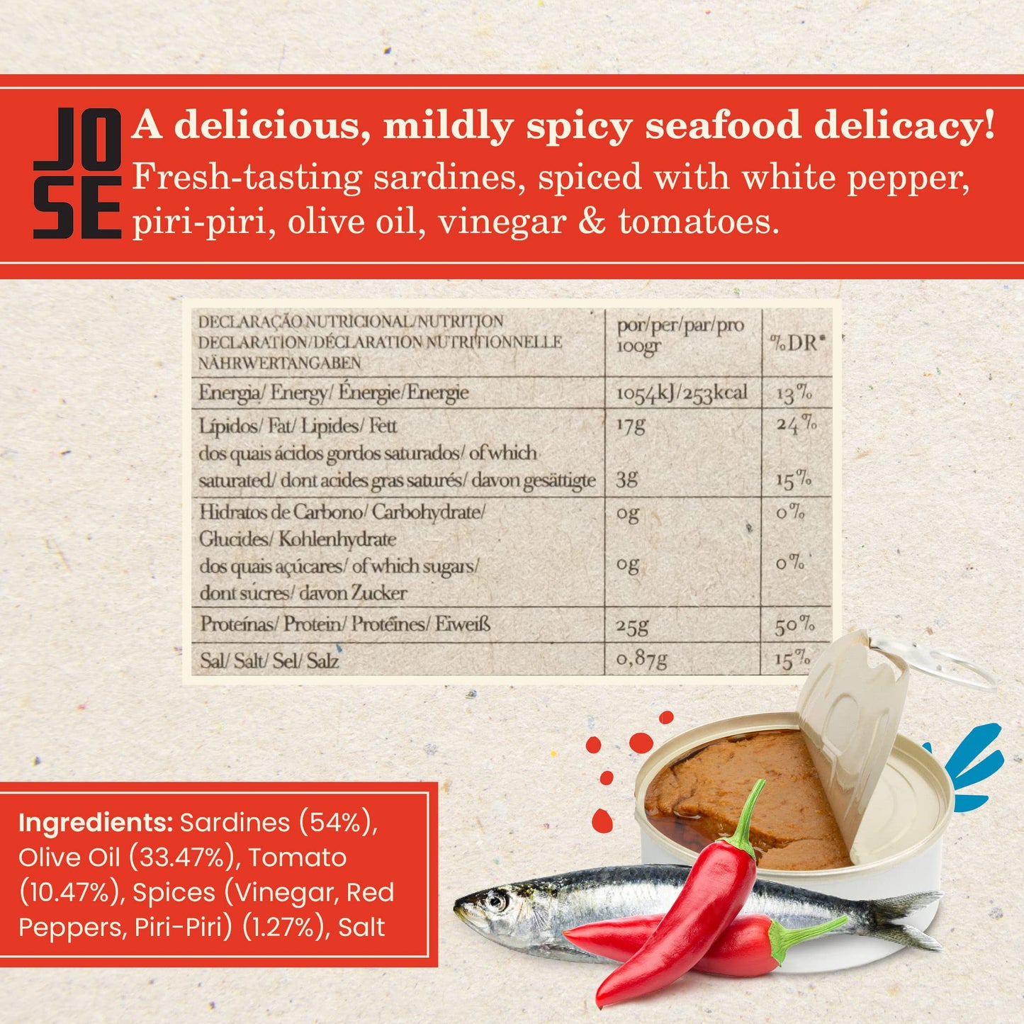 Canned Spiced Sardine Paté by Jose Gourmet, Wild Caught Portuguese Sardines, Canned Fish Paté, Omega 3, Fair Trade, 75g Can