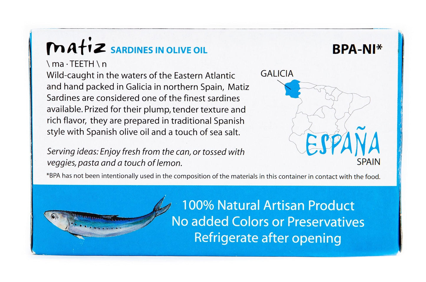 Matiz Sardines in Olive Oil, 4.2 Ounce Can (Pack of 5) Spanish Gourmet Wild Caught Natural Fish for Tapas, Snacks, or Meals, Protein Rich, Sealed Freshness