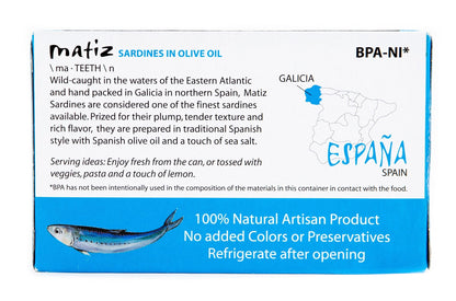 Matiz Sardines in Olive Oil, 4.2 Ounce Can (Pack of 5) Spanish Gourmet Wild Caught Natural Fish for Tapas, Snacks, or Meals, Protein Rich, Sealed Freshness