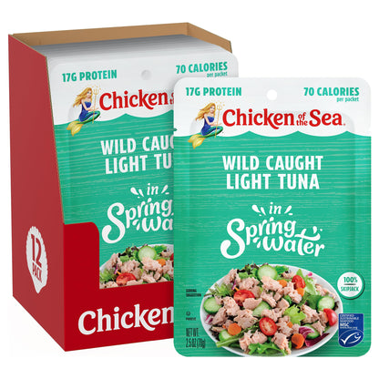 Chicken of the Sea Wild Caught Light Tuna in Spring Water, 2.5 Ounce Packets, 12-Count – High Protein 100% Skipjack Tuna in Water – Easy, Delicious, Nutritious Ready to Eat Meals