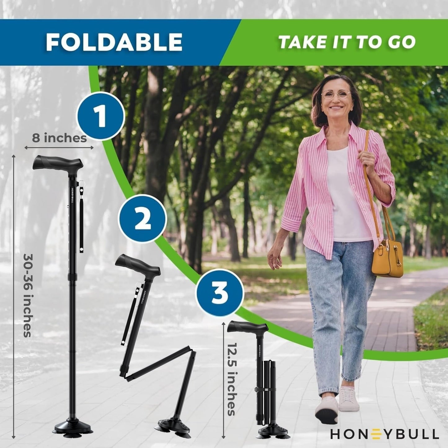 HONEYBULL Walking Cane for Men & Women Foldable, Adjustable, Heavy Duty, Free Standing, All Terrain, Collapsible Walking Sticks for Seniors & Adults