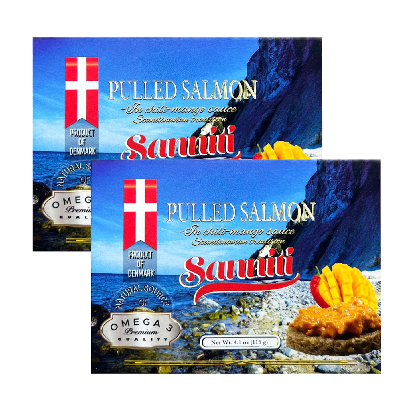 Sanniti Pulled Salmon in Chili Mango Sauce | Natural Source of Omega 3 | Ready to eat, 4.1 oz (Pack of 2)