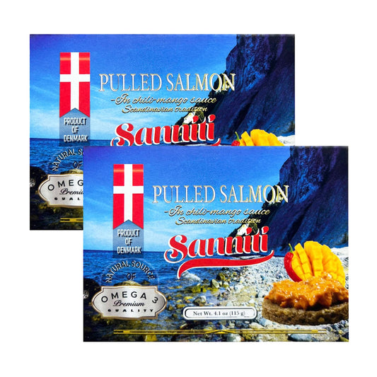 Sanniti Pulled Salmon in Chili Mango Sauce | Natural Source of Omega 3 | Ready to eat, 4.1 oz (Pack of 2)