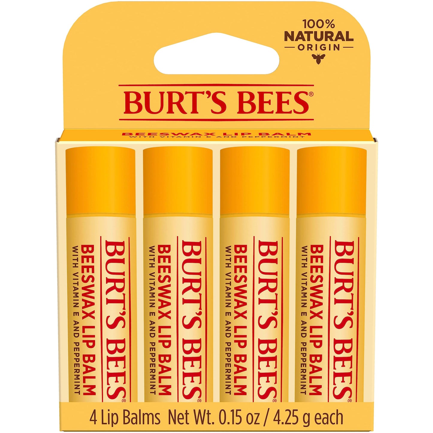 Burt's Bees Lip Balm - Original Beeswax, Lip Moisturizer With Responsibly Sourced Beeswax, Tint-Free, Natural Origin Conditioning Treatment, 4 Tubes, 0.15 oz.